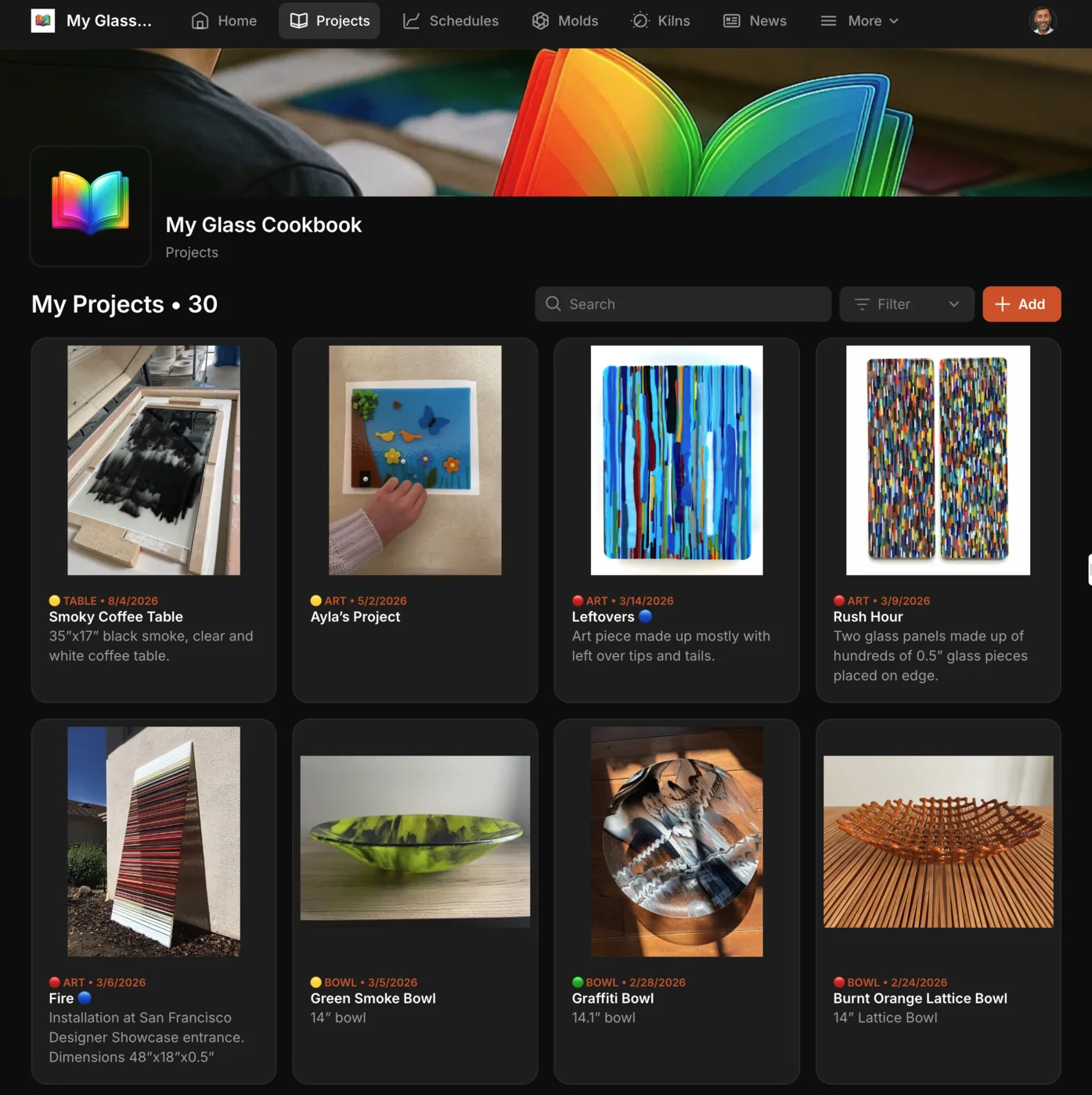 MGC Studio App showing an organized grid of glass projects