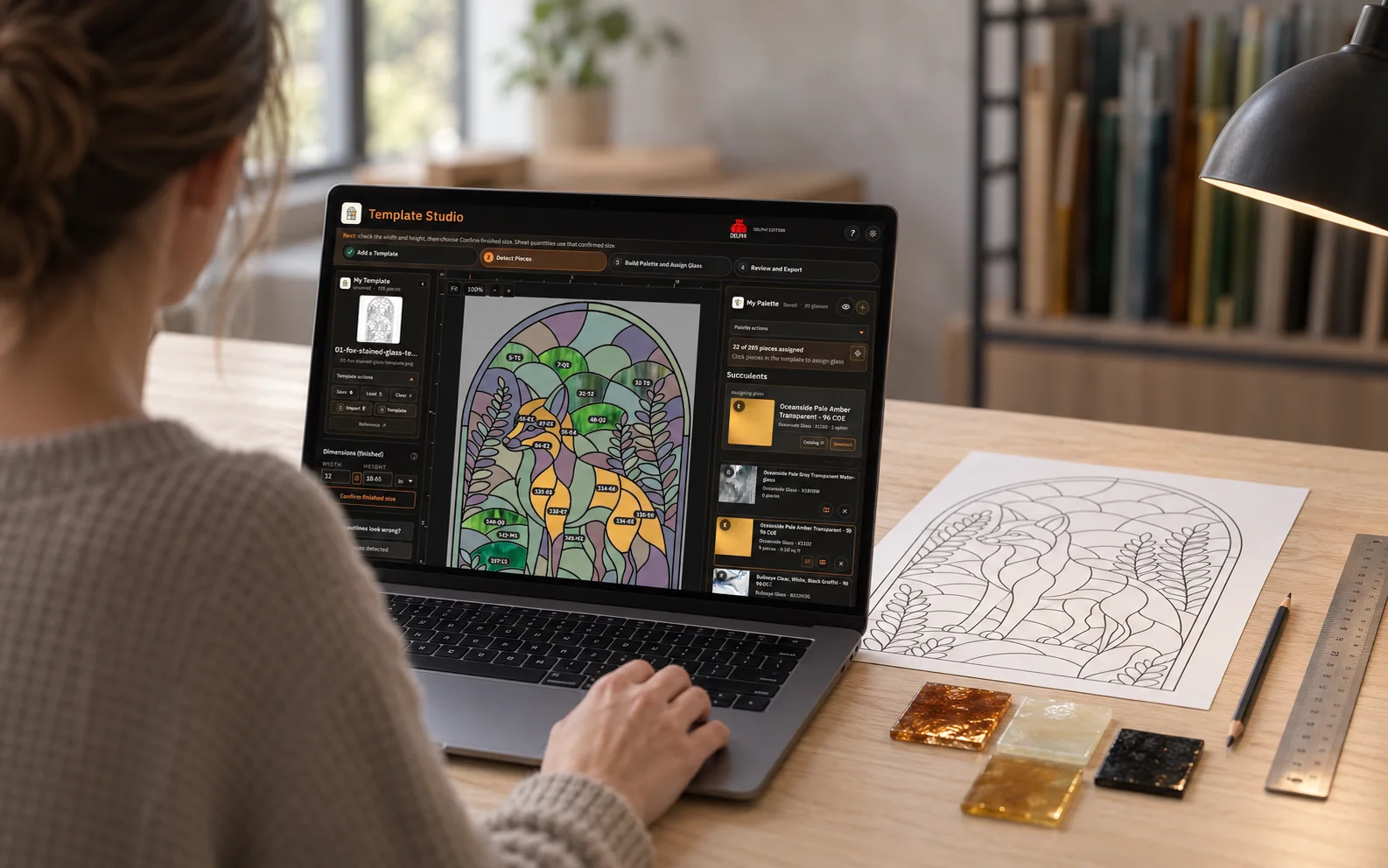 Template Studio assigning real glass to a fox stained-glass pattern on a studio laptop