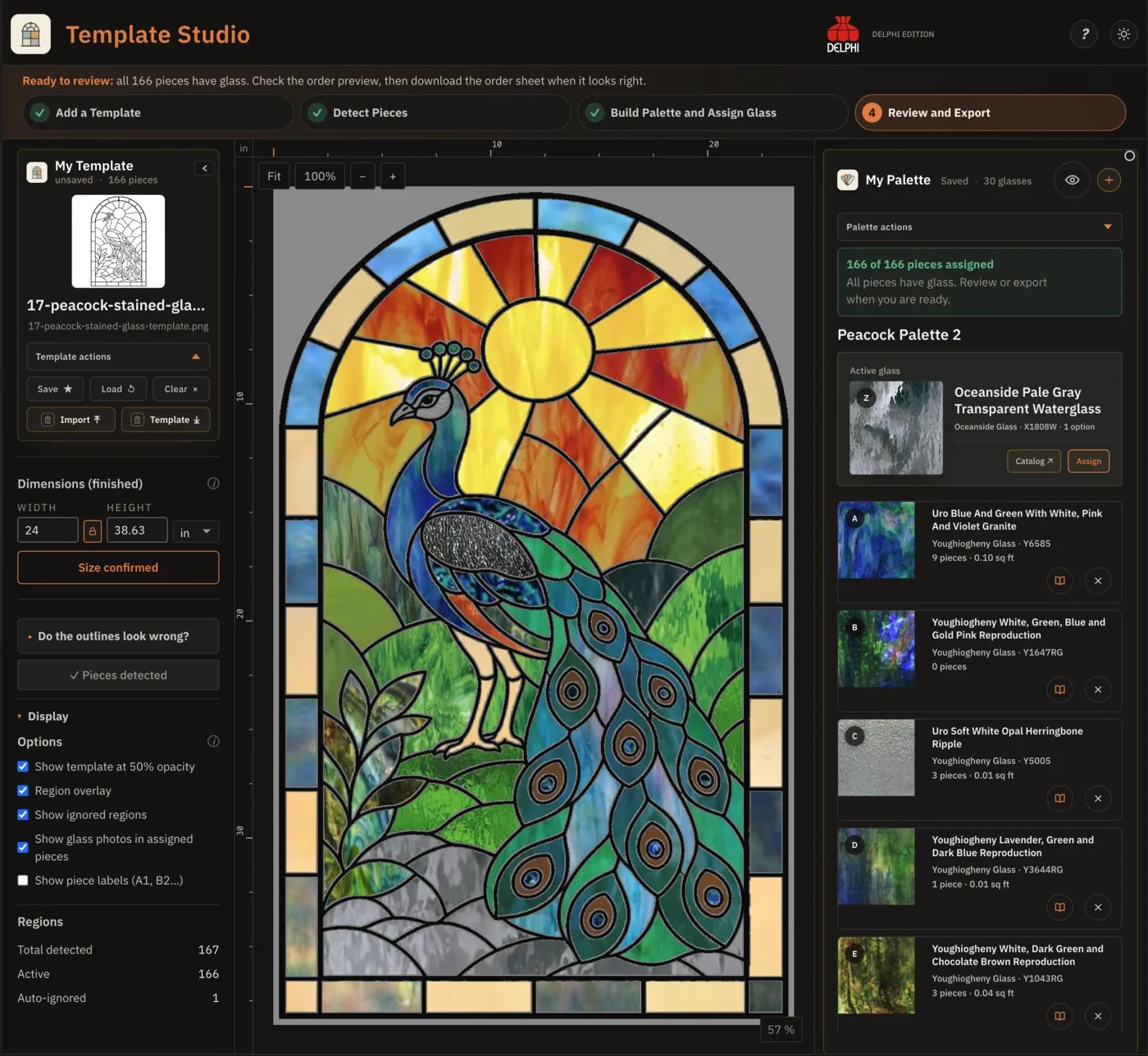 Template Studio assigning coordinated glass to a peacock stained-glass pattern